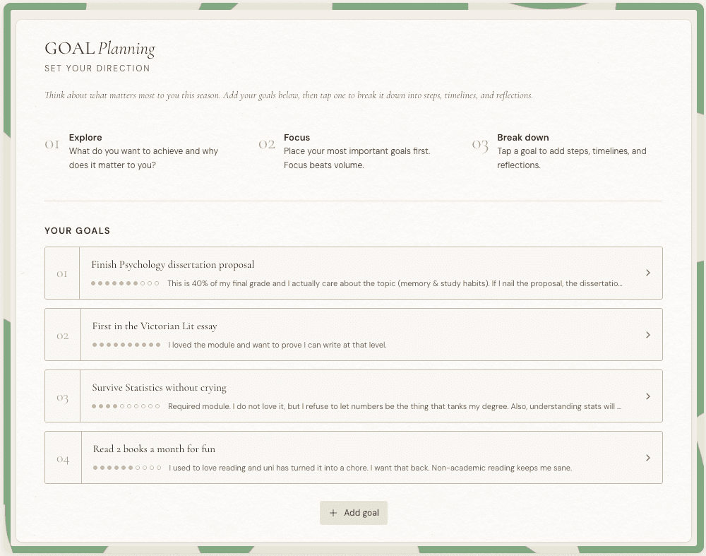 Goal planning view showing priorities and progress